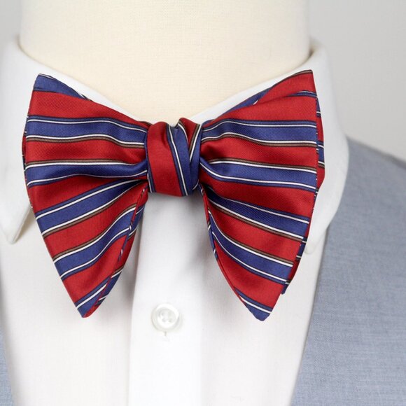 Men's Self-tied Bow Tie 100%Silk Big Butterfly Red Blue Stripe S728 - Picture 7 of 8
